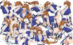Rule 34 | 1girl, arm guards, arms up, ass, blue dress, breasts, brown eyes, brown hair, choker, cleavage, closed mouth, dead or alive, dress, female focus, fighting stance, hair ribbon, high ponytail, injury, iwamoto eiri, kasumi (doa), kicking, large breasts, multiple views, ninja, open mouth, pelvic curtain, ponytail, restrained, ribbon, sash, short sleeves, sitting, standing, tecmo, thighs, torn clothes, white choker, white legwear, yellow ribbon