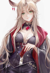 Rule 34 | 1girl, animal ears, arknights, black coat, blonde hair, breasts, brooch, card, cleavage, cleavage cutout, clothing cutout, coat, coat on shoulders, cowboy shot, gem, gitano (arknights), green eyes, hexagram, highres, holding, holding card, jewelry, long hair, long sleeves, looking at viewer, medium breasts, open clothes, open coat, parted lips, qiangjitong, simple background, smile, solo, very long hair, white background, wide sleeves