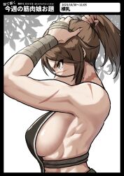 Rule 34 | arms up, bandaged arm, bandages, breasts, brown eyes, brown hair, fate/grand order, fate (series), harurukan, highres, large breasts, muscular, muscular female, ponytail, profile, scar, scar on arm, scar on face, scar on neck, scar on nose, sideboob, sugitani zenjubou (fate), tying hair
