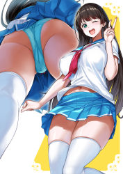 Rule 34 | 1girl, aqua panties, black hair, blush, bow, bow panties, breasts, commentary, copyright request, crotch seam, from behind, green eyes, highres, large breasts, long hair, mikemono yuu, multiple views, one eye closed, panties, pantyshot, pleated skirt, red bow, school uniform, serafuku, skindentation, skirt, smile, thighhighs, underwear, v, white thighhighs