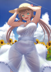 Rule 34 | 1girl, :d, armpits, arms up, backlighting, bare arms, blue sky, breasts, brown hair, cloud, commentary request, curvy, day, dress, flower, green eyes, hair between eyes, hat, large breasts, long hair, looking at viewer, maku ro, open mouth, original, outdoors, panties, see-through, sky, smile, solo, standing, straw hat, striped clothes, striped panties, sun hat, sunflower, twintails, underwear, white dress, wide hips