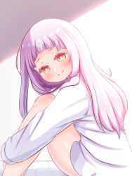 Rule 34 | 1girl, blunt bangs, blush, closed mouth, commentary request, feet out of frame, head tilt, highres, hololive, hood, hood down, hugging own legs, kiwami133, long hair, long sleeves, looking at viewer, murasaki shion, nail polish, shirt, silver hair, sitting, smile, solo, sunlight, virtual youtuber, waking up, white shirt, yellow eyes