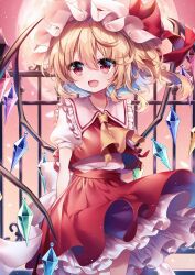 Rule 34 | 1girl, absurdres, ascot, blonde hair, blush, bow, crystal, embodiment of scarlet devil, flandre scarlet, hat, hat ribbon, highres, long hair, mob cap, open mouth, pudding (skymint 028), puffy short sleeves, puffy sleeves, red eyes, ribbon, shirt, short hair, short sleeves, side ponytail, skirt, smile, solo, touhou, wings
