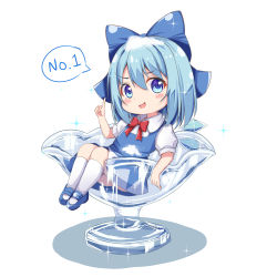 Rule 34 | 1girl, blue bow, blue dress, blue eyes, blue footwear, blue hair, blush, blush stickers, bow, bowtie, chibi, cirno, collared shirt, commentary request, doyagao, dress, english text, glass, hair between eyes, hand up, ice, ice wings, looking to the side, numbered, open mouth, pointing, puffy short sleeves, puffy sleeves, red bow, red bowtie, rururiaru, shadow, shirt, shoes, short hair, short sleeves, simple background, sitting, smile, smug, socks, solo, sparkle, speech bubble, star (symbol), tongue, touhou, v-shaped eyebrows, white background, white shirt, white socks, wings