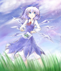 Rule 34 | 1girl, adapted costume, blue eyes, blue hair, cirno, collared shirt, demupausagi, embodiment of scarlet devil, female focus, frog, matching hair/eyes, nature, outdoors, shirt, skirt, sky, solo, touhou, wings