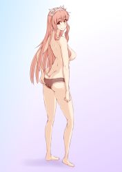 Rule 34 | 1girl, absurdres, ass, barefoot, breasts, brown eyes, brown panties, diadem, fate/grand order, fate (series), from behind, full body, grey background, hair between eyes, hand on own ass, highres, large breasts, long hair, looking at viewer, looking back, medb (fate), panties, pink hair, scratching ass, sketch, smile, solo, standing, tomoaki (pixiv10339485), topless, underwear, underwear only, very long hair