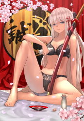 Rule 34 | 1girl, alcohol, aqua eyes, arm support, bare arms, bare legs, bare shoulders, barefoot, black bow, black bra, black panties, bow, bow bra, bra, breasts, cherry blossoms, cleavage, commentary request, cork, cup, dark-skinned female, dark skin, fate (series), full body, hair between eyes, hair bow, hair ornament, half-closed eyes, highres, holding, katana, knee up, koha-ace, lace, lace-trimmed bra, lace-trimmed panties, lace trim, long hair, looking at viewer, medium breasts, navel, nonh (wormoftank), okita souji (fate), okita souji alter (fate), panties, parted lips, petals, petals on liquid, sakazuki, sake, sitting, solo, straight hair, sword, tassel, translation request, underwear, underwear only, very long hair, weapon, white hair