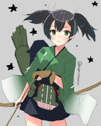 Rule 34 | 10s, 1girl, archery, arrow (projectile), artist name, black hair, blue skirt, bow (weapon), eight tohyama, gloves, green eyes, grey background, hair tie, japanese clothes, kantai collection, kyuudou, looking at viewer, open mouth, partially fingerless gloves, partly fingerless gloves, personification, quiver, short hair, short twintails, signature, skirt, solo, souryuu (kancolle), star (symbol), twintails, twitter username, weapon, yugake