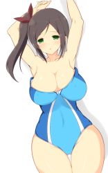 Rule 34 | 10s, 1girl, :o, alternate costume, armpits, arms up, black hair, blue one-piece swimsuit, blush, breasts, brown ribbon, cleavage, collarbone, covered navel, cowboy shot, curvy, gluteal fold, green eyes, hair ribbon, large breasts, looking at viewer, lying, murakumo (senran kagura), noeomi, on back, one-piece swimsuit, parted lips, ribbon, senran kagura, senran kagura shinovi versus, side ponytail, sidelocks, solo, swimsuit, thigh gap, wide hips