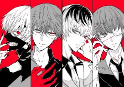 Rule 34 | 4boys, awara kayu, black reaper, black shirt, collarbone, collared shirt, commentary request, eyepatch, glasses, gloves, hand up, heterochromia, kaneki ken, mask, mouth mask, multicolored hair, multiple boys, necktie, red background, red gloves, red theme, sasaki haise, shirt, short hair, simple background, tokyo ghoul, tokyo ghoul:re, two-tone hair, upper body
