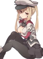 Rule 34 | 10s, 1girl, bad id, bad pixiv id, black pantyhose, blonde hair, blue eyes, blush, breast hold, breasts, from side, frown, full body, graf zeppelin (kancolle), hair between eyes, hat, kantai collection, long hair, looking at viewer, medium breasts, military, military uniform, miniskirt, open clothes, pantyhose, peaked cap, pleated skirt, pokoten (pokoten718), shaded face, sidelocks, simple background, sitting, skirt, solo, tsurime, twintails, uniform, white background