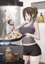 Rule 34 | 1girl, black hair, black legwear, breasts, brown eyes, cleavage, commentary, cooking, food, frying pan, grey shirt, hair ornament, hair scrunchie, highres, holding, indoors, jun (navigavi), kitchen, large breasts, navel, open mouth, original, ponytail, pouring, scrunchie, shirt, short hair, short ponytail, short shorts, shorts, solo, sweat, tank top, thighs