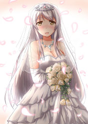 Rule 34 | 10s, 1girl, :d, alternate costume, blush, bouquet, breasts, bridal veil, brown eyes, cleavage, collarbone, crown, diadem, dress, elbow gloves, flower, gloves, jewelry, kantai collection, looking at viewer, medium breasts, necklace, open mouth, petals, rose, shoukaku (kancolle), silver hair, smile, solo, tiara, veil, wedding dress, white gloves, yukimi unagi