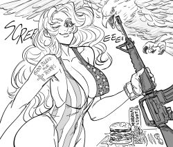 Rule 34 | 1girl, america, american flag dress, ar-15, arm tattoo, bald eagle, bb (baalbuddy), bird, breasts, burger, closed mouth, covered erect nipples, cowboy shot, cross, eagle, english text, food, freckles, french fries, gloves, greyscale, gun, highres, holding, holding gun, holding weapon, large breasts, latin cross, looking at viewer, m16, m16a1, monochrome, one eye closed, original, rifle, simple background, smile, solo, tattoo, weapon, white background