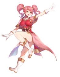 Rule 34 | 1girl, armor, armpits, boobplate, boots, breastplate, fire emblem, fire emblem echoes: shadows of valentia, full body, gloves, jurge, mae (fire emblem), nintendo, open mouth, outstretched arm, pink hair, simple background, solo, twintails, white background, white gloves