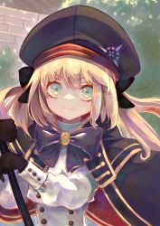 Rule 34 | 1girl, artoria caster (fate), artoria caster (second ascension) (fate), artoria pendragon (fate), blonde hair, capelet, cloak, fate/grand order, fate (series), gloves, green eyes, hat, holding, holding staff, long hair, long sleeves, looking at viewer, outdoors, romayasu, smile, solo, staff, upper body