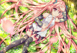 Rule 34 | 1girl, alternate color, alternate hair color, bad id, bad pixiv id, cherry blossoms, detached sleeves, from above, hatsune miku, headset, hikicha, long hair, lying, name connection, necktie, object namesake, on back, petals, pink eyes, pink hair, sakura miku, skirt, solo, thighhighs, twintails, very long hair, vocaloid, zettai ryouiki
