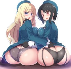 Rule 34 | 2girls, absurdres, ass, atago (kancolle), bad id, bad twitter id, black gloves, black hair, black panties, blonde hair, blush, breast press, breasts, butt crack, clothes lift, commentary request, commission, dress, dress lift, garter straps, gloves, grey panties, hat, highres, kantai collection, kurokoshou (emuburemu123), large breasts, long hair, looking at viewer, looking back, multiple girls, panties, panties under pantyhose, pantyhose, purple eyes, red eyes, short hair, sitting, skeb commission, takao (kancolle), underwear