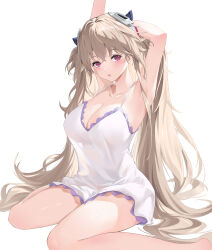 Rule 34 | 1girl, absurdres, anchorage (azur lane), ano (madoka23), armpits, arms behind head, arms up, azur lane, bare legs, bare shoulders, breasts, brown hair, camisole, cleavage, collarbone, hair between eyes, highres, large breasts, long hair, looking at viewer, open mouth, pajamas, purple eyes, see-through silhouette, simple background, sitting, solo, twintails, very long hair, wariza, white background