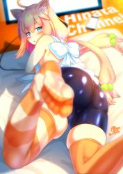 Rule 34 | 1girl, :o, ahoge, animal ear fluff, animal ears, ass, asymmetrical legwear, bike shorts, blue eyes, blurry, blush stickers, breasts, cat ears, cellphone, commentary request, copyright name, hair bobbles, hair ornament, highres, hinata channel, k.ty (amejin), long hair, looking at viewer, looking back, lying, mismatched legwear, nekomiya hinata, no shoes, on stomach, orange thighhighs, phone, pink hair, sideboob, skindentation, soles, solo, striped clothes, striped thighhighs, thighhighs, thighs, twintails, virtual youtuber