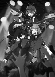 Rule 34 | 2girls, absurdres, animal ears, bird ears, bird wings, choujuu gigaku, dog ears, dog tail, dress, electric guitar, greyscale, guitar, hat, highres, holding, holding instrument, holding microphone, instrument, kasodani kyouko, long sleeves, microphone, monochrome, multiple girls, mystia lorelei, namauni, open mouth, plectrum, second-party source, short hair, smile, tail, thighhighs, touhou, winged hat, wings