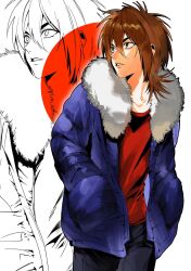 Rule 34 | 1boy, black pants, blue jacket, brown hair, fur-trimmed jacket, fur trim, green eyes, hands in pockets, highres, isoi reiji, jacket, long sleeves, looking to the side, male focus, multicolored hair, pants, parted lips, red background, red shirt, saibou shinkyoku, seponoli, shirt, solo, teeth, white background