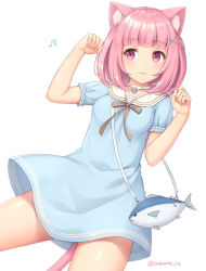 Rule 34 | 1girl, :3, animal ears, bag, blush, cat ears, cat tail, closed mouth, dress, hair ornament, looking at viewer, musical note, original, paw pose, pink eyes, pink hair, sasaame, short hair, solo, tail, twitter username, white background, x hair ornament