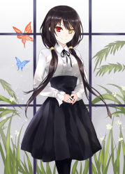 Rule 34 | 1girl, asle, black hair, black pantyhose, blush, breasts, bug, butterfly, closed mouth, date a live, heterochromia, insect, large breasts, long hair, looking at viewer, meme attire, pantyhose, red eyes, smile, solo, tokisaki kurumi, twintails, yellow eyes