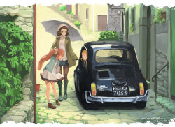 Rule 34 | 10s, 3girls, black legwear, boots, brown eyes, brown hair, car, casual, city, cross-laced footwear, dated, dress, fiat, fiat 500, glasses, green footwear, hair ribbon, hat, headdress, highres, italy, jacket, kantai collection, knee boots, lace-up boots, libeccio (kancolle), littorio (kancolle), long hair, motor vehicle, multiple girls, open mouth, pantyhose, pince-nez, ribbon, roma (kancolle), shirt, shoes, short hair, skirt, suika (azelf49386), suika (pixiv), title, twintails, umbrella, vehicle focus, wavy hair, wide shot