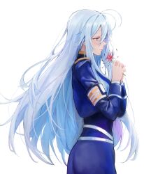 Rule 34 | 1girl, 86 -eightysix-, absurdres, antenna hair, armband, blue hair, blue jacket, blue skirt, flower, from side, half-closed eyes, highres, holding, holding flower, jacket, kaze 22, light blue hair, long hair, long sleeves, military uniform, profile, purple eyes, red flower, simple background, skirt, solo, spider lily, uniform, very long hair, vladilena millize, white background
