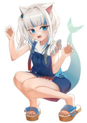 Rule 34 | 1girl, absurdres, animal ears, bare legs, blue dress, blue eyes, blue hair, blunt bangs, cat ears, commentary, dress, english commentary, eyelashes, feet, fins, fish tail, frilled sleeves, frills, full body, gawr gura, gawr gura (casual), hair ornament, hands up, highres, hololive, hololive english, hyk0806, knees together feet apart, legs, looking at viewer, multicolored hair, official alternate costume, paw pose, sandals, shark tail, sharp teeth, short sleeves, side ponytail, simple background, solo, squatting, streaked hair, tail, teeth, toenails, toes, virtual youtuber, white background, white hair