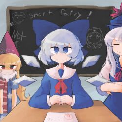Rule 34 | 3girls, absurdres, alternate costume, american flag dress, blonde hair, blue dress, blue eyes, blue hair, blue headwear, chalkboard, cirno, classroom, closed eyes, closed mouth, clownpiece, collared dress, commentary, commission, commissioner upload, cowboy shot, crossed arms, dress, dunce cap, english commentary, english text, fairy wings, hair between eyes, highres, ice, ice wings, iesonatana, kamishirasawa keine, long hair, long sleeves, looking at viewer, math, multiple girls, neckerchief, own hands together, paper, pink headwear, puffy short sleeves, puffy sleeves, red eyes, red neckerchief, sailor collar, school uniform, shirt, short hair, short sleeves, shoujo shuumatsu ryokou, smile, split mouth, star (symbol), star print, straight-on, striped clothes, striped dress, touhou, upper body, v-shaped eyebrows, very long hair, white hair, white sailor collar, white shirt, wings, yuuri (shoujo shuumatsu ryokou)