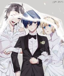 1girl 2boys :o aegis_(persona) android bisexual_male black_bow black_bowtie black_hair black_jacket blonde_hair blue_eyes blue_hair bow bowtie bridal_gauntlets bridal_veil bride closed_mouth collared_shirt commentary_request corsage cowboy_shot crossdressing dress dress_bow elulit2 eyes_visible_through_hair flower front_bow frown gloves grey_background grey_eyes groom hair_over_one_eye hair_slicked_back highres jacket joints korean_commentary korean_text locked_arms long_sleeves looking_at_viewer mochizuki_ryouji mole mole_under_eye multiple_boys open_mouth persona persona_3 polygamy ringed_eyes robot_joints rose see-through see-through_sleeves shared_veil shirt short_hair simple_background smile strapless strapless_dress traditional_bowtie translation_request tuxedo veil wedding wedding_dress white_bow white_dress white_flower white_gloves white_rose white_shirt white_veil wing_collar yuuki_makoto_(persona_3)