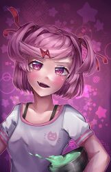 Rule 34 | 1girl, :d, absurdres, artist name, blush, bob cut, bowl, bra strap, breasts, cat symbol, circle, collarbone, commentary, cooking, dated, doki doki literature club, english commentary, fang, hair ornament, hair ribbon, head tilt, highres, holding, holding bowl, looking at viewer, mixing bowl, natsuki (doki doki literature club), open mouth, pink background, pink eyes, pink hair, red ribbon, ribbon, shirt, short hair, short sleeves, signature, small breasts, smile, smirk, solo, spilling, star (symbol), sushimassacre, swept bangs, t-shirt, two side up, upper body, v-shaped eyebrows, white shirt, x hair ornament
