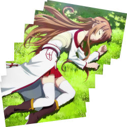 Rule 34 | 10s, 1girl, asuna (sao), bare shoulders, blush, boots, braid, cloak, closed eyes, grass, highres, long hair, pov, screencap, shade, sleeping, stitched, sword art online, thigh boots, thighhighs, third-party edit, tree