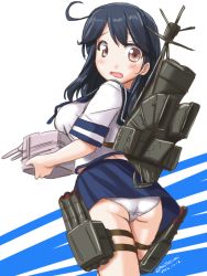 Rule 34 | 10s, 1girl, 2016, ahoge, anchor, ass, black hair, breast rest, breasts, brown eyes, dated, kantai collection, large breasts, machinery, open mouth, panties, pleated skirt, rigging, school uniform, serafuku, skirt, solo, tatsumi ray, turret, twitter username, underwear, ushio (kancolle), white panties