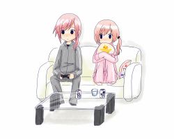 Rule 34 | 10s, 2girls, can, casual, controller, couch, double vertical stripe, final fantasy, final fantasy xiii, flat chest, fumizuki itsuka, game console, game controller, hugging own legs, lightning farron, multiple girls, pajamas, pink hair, playing games, playstation 3, serah farron, siblings, side ponytail, sisters, table, track suit