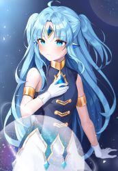 Rule 34 | 1girl, blue eyes, blue hair, breasts, hand on own chest, highres, knowa, korean commentary, long hair, looking to the side, lord of heroes, pointy ears, small breasts, solo, two side up, very long hair