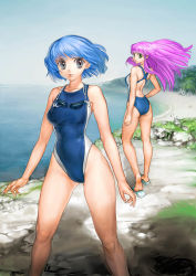 Rule 34 | 2girls, ass, back, beach, blue hair, cliff, competition swimsuit, day, feet, garex, goggles, goggles around neck, green eyes, legs, long hair, looking back, multiple girls, nipples, ocean, one-piece swimsuit, outdoors, pink hair, sandals, short hair, soles, swimsuit, water
