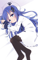 Rule 34 | 1girl, animal ears, animal hat, arm up, ayanepuna, bed sheet, beret, black pantyhose, blue eyes, blue hair, blue sailor collar, blush, copyright request, dress, fake animal ears, hand up, hat, highres, long hair, long sleeves, looking away, lying, no shoes, on side, pantyhose, parted lips, sailor collar, sailor dress, sleeves past wrists, solo, two side up, very long hair, white dress, white hat