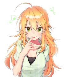 Rule 34 | 1girl, ahoge, arm behind back, black shirt, blonde hair, breasts, collarbone, commentary request, dot nose, finger to mouth, green eyes, hair between eyes, highres, hoshii miki, idolmaster, idolmaster (classic), jacket, long hair, looking at viewer, medium breasts, messy hair, shirt, short sleeves, smile, solo, taemin, tongue, tongue out, upper body