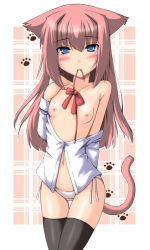 Rule 34 | 1girl, animal ears, animal hands, black thighhighs, blue eyes, blush, breasts, cat ears, flat chest, hand on own chest, kokorono arika, long hair, mouth hold, navel, nipples, off shoulder, open clothes, open shirt, original, panties, pink hair, ribbon, shirt, smile, solo, thigh gap, thighhighs, underwear, white panties, white shirt