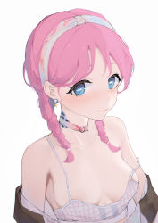 Rule 34 | 1girl, absurdres, arknights, blue eyes, blue poison (arknights), blue poison (shoal beat) (arknights), braid, breasts, chinese commentary, choker, collarbone, hairband, highres, long hair, looking at viewer, medium breasts, o-ring, o-ring choker, off shoulder, official alternate costume, pink choker, pink hair, sawaki ken, scales, solo, sports bra, strap slip, twin braids, upper body, white hairband, white sports bra
