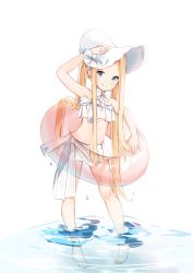 Rule 34 | 1girl, abigail williams (fate), abigail williams (swimsuit foreigner) (fate), abigail williams (swimsuit foreigner) (third ascension) (fate), absurdres, arm up, bare arms, bare legs, bare shoulders, barefoot, bikini, blonde hair, blue eyes, bonnet, bow, closed mouth, commentary request, fate/grand order, fate (series), forehead, hand on headwear, highres, innertube, long hair, looking at viewer, simple background, smile, solo, standing, striped, striped bow, swim ring, swimsuit, very long hair, wading, water, water drop, white background, white bikini, white bow, white headwear, yukaa