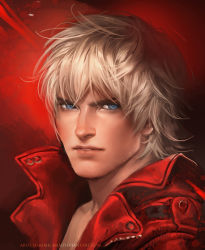 Rule 34 | 1boy, blue eyes, capcom, dante (devil may cry), devil may cry (series), devil may cry 3, facial hair, highres, jacket, looking at viewer, male focus, parted lips, realistic, sakimichan, signature, solo, stubble, upper body, watermark, white hair
