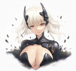Rule 34 | 1girl, android, aztodio, blunt bangs, breasts, cleavage, copyright request, grey background, headgear, highres, large breasts, looking at viewer, red eyes, short hair, simple background, solo, upper body, white hair