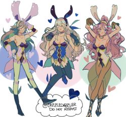 Rule 34 | animal ears, bare shoulders, blush, braid, breasts, corrin (female) (fire emblem), corrin (fire emblem), detached collar, egg, fake animal ears, fire emblem, fire emblem awakening, fire emblem fates, fire emblem heroes, gloves, hairband, jewelry, leotard, long hair, midriff, multiple girls, nintendo, olivia (fire emblem), open mouth, pink hair, playboy bunny, pointy ears, pomme (lazzledazzle), purple eyes, rabbit ears, rabbit tail, simple background, smile, soleil (fire emblem), tail, twin braids, white background, white hair
