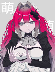 1girl ascot baobhan_sith_(fate) black_shrug breasts cleavage dress earrings fate/grand_order fate_(series) flower grey_eyes hair_flower hair_ornament heart heart_hands highres hoshino_reiji jewelry large_breasts long_hair long_sleeves looking_to_the_side maid_headdress moechakkafire pink_hair pointy_ears shrug_(clothing) sidelocks solo translation_request twintails white_dress