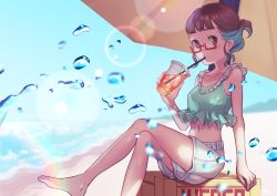 Rule 34 | 1girl, absurdres, anyway osushi, barefoot, blue sky, box, breasts, brown eyes, brown hair, crossed legs, cup, day, disposable cup, drinking, drinking straw, highres, lens flare, looking at viewer, navel, ocean, original, osushi (vtuber), outdoors, parasol, red-framed eyewear, shade, short hair, shorts, sitting, sky, small breasts, swimsuit, umbrella, virtual youtuber, water drop, white shorts