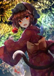 Rule 34 | 1girl, alternate costume, animal ear piercing, animal ears, bow, brown hair, candy apple, cat ears, cat girl, cat tail, chen, commentary, earrings, fireworks, fish, food, green hat, hat, highres, holding, holding food, japanese clothes, jewelry, kimono, looking at viewer, midori (misuriru8), mob cap, multiple tails, nekomata, open mouth, red eyes, red kimono, short hair, single earring, solo, tail, touhou, two tails, yellow bow, yukata